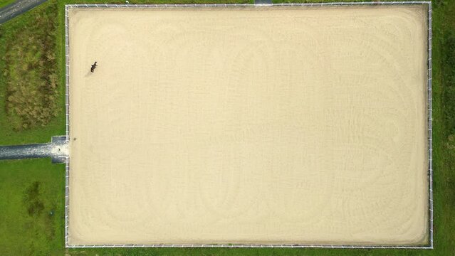 Flying above sport rider riding dark bay gelding showjumping over fence obstacles in big professional sandy parkour dressage arena. Horseman competing in equestrian jumping discipline