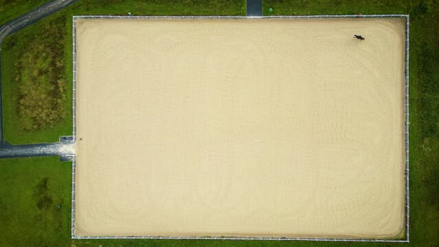 Flying above sport rider riding dark bay gelding showjumping over fence obstacles in big professional sandy parkour dressage arena. Horseman competing in equestrian jumping discipline