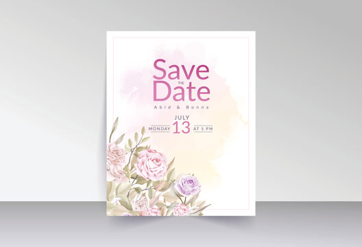 Pink and purple rose save the date card with green leaves