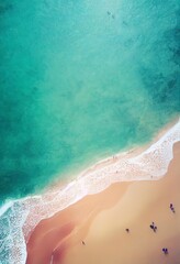 Fototapeta na wymiar Beach with turquoise sea water. Top view of beautiful white sand.
