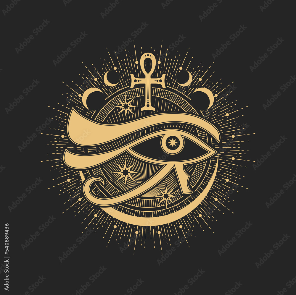 Wall mural Mason sign, occult and esoteric symbol. Vector Eye of providence, Egyptian Ankh, stars and moon inside of golden sun circle. Magic tarot card sign, sacred religion spiritual occult amulet, tattoo