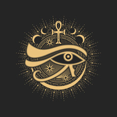 Mason sign, occult and esoteric symbol. Vector Eye of providence, Egyptian Ankh, stars and moon inside of golden sun circle. Magic tarot card sign, sacred religion spiritual occult amulet, tattoo - obrazy, fototapety, plakaty