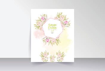 Pink rose and green leaves save the date card with polygon frame