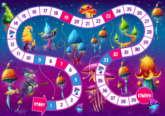 Kids board step game. Magic mushrooms in fairy forest. Preschool kids playing activity, children roll and move race game vector worksheet or boardgame with magical fantasy mushroom, witch on boom