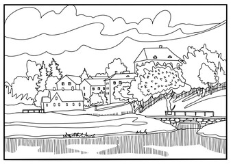 Coloring book . Lovely landscape, city view across the river. Vector art line background.