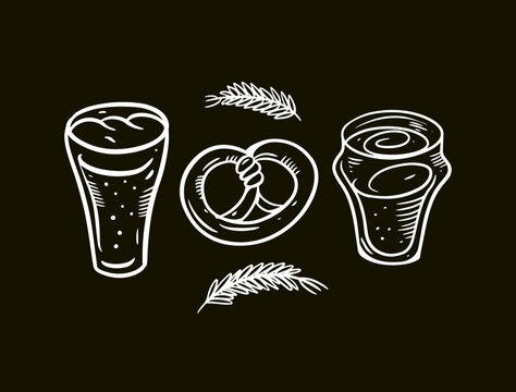 Hand drawn beer glasses outline white color on a chalkboard.