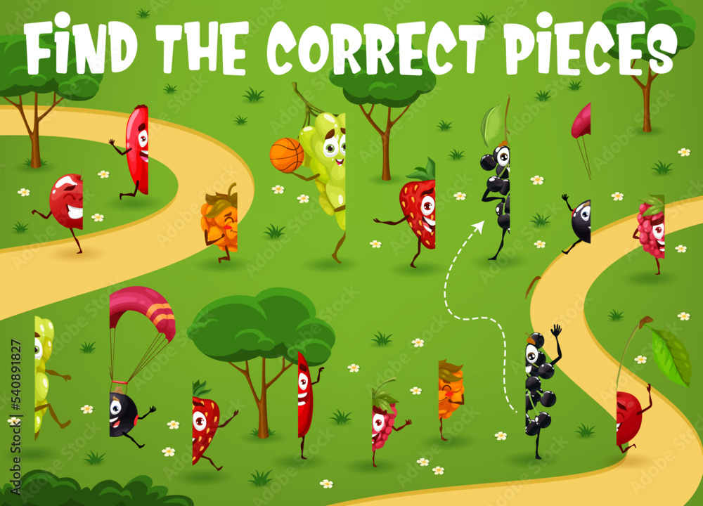 Poster find the correct pieces. cartoon cheerful berry character on summer vacation. kids matching game vec