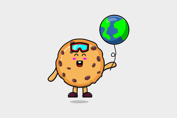 Cute cartoon Biscuits floating with world balloon cartoon vector illustration
