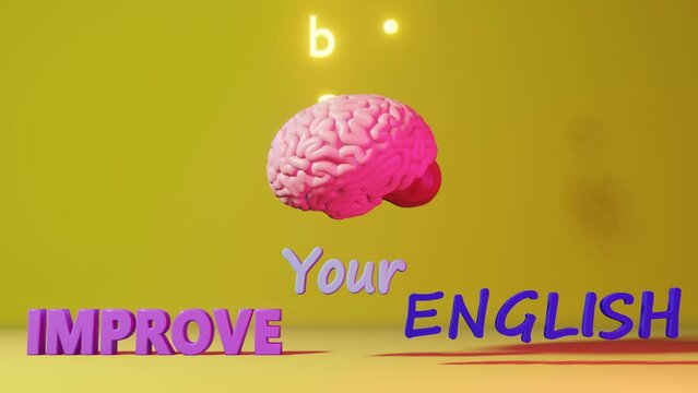 Improve your English Foreign language fluency learning studying Human brain letter yellow background 3d animation. Memory Remote Online Application Education course Expressions idiom Listening Reading