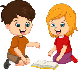 Cute children studying reading books