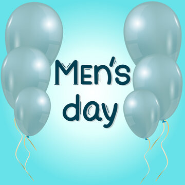 Postcard for the holiday Men's Day. Blue balloons and lettering on a blue background.