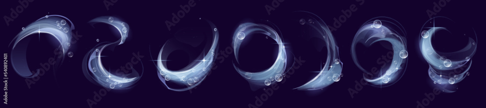 Poster clean effect swirl, detergent and light glow with soap bubbles and shining sparks. isolated blue abs
