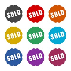 Sold sticker icon isolated on white background. Set icons colorful