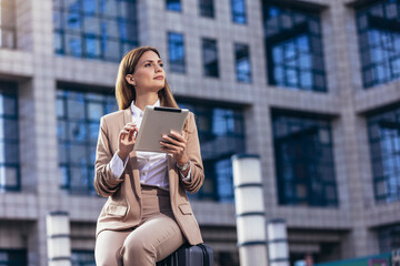 Business woman travel to airport, hotel or office. Portrait of young professional walking in city street with suitcase bag using a digital tablet while waiting a driver