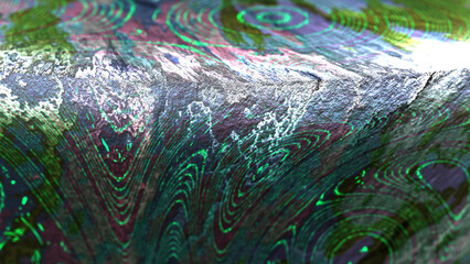 3D hyper-realistic rendering of abstract object with grunge texture and distorted glowing stripes.