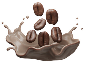Coffee latte  splash and coffee bean, 3D Rendering, 3D illustration