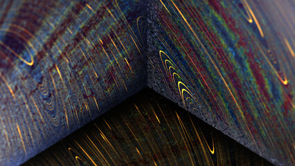 3D hyper-realistic rendering of abstract object with grunge texture and distorted glowing stripes.