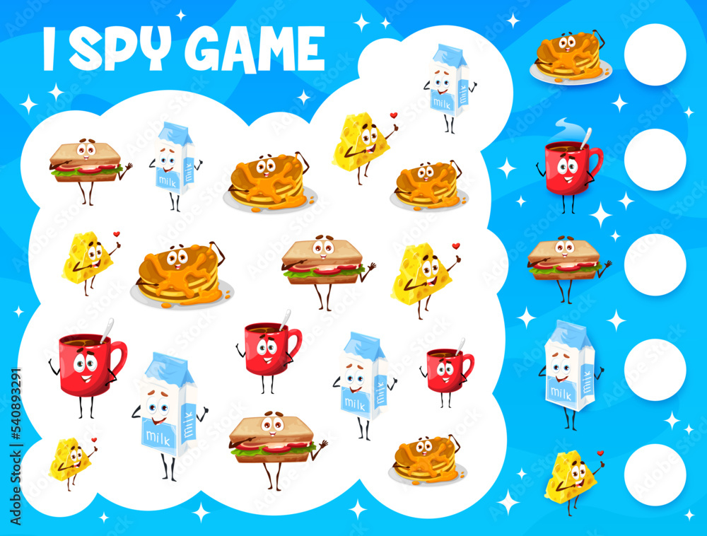 Poster i spy game. breakfast food, snack and dairy cartoon characters. child counting puzzle, kids object f
