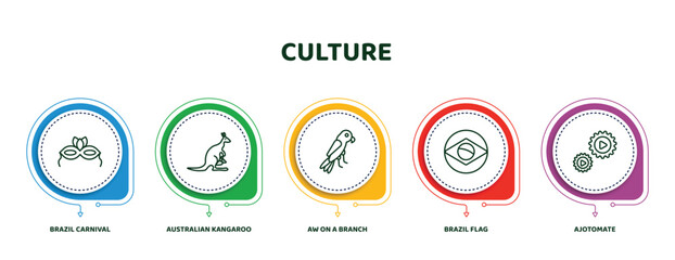 editable thin line icons with infographic template. infographic for culture concept. included brazil carnival mask, australian kangaroo, aw on a branch, brazil flag, ajotomate icons. - obrazy, fototapety, plakaty