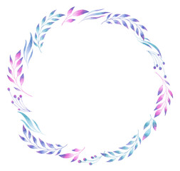 Fototapeta na wymiar Watercolor wreath with pink, violet and blue forest branches. Delicate frame with floral elements