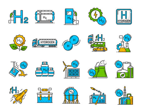 Hydrogen color icons. Green power and renewable energy simple symbols, sustainable and clean fuel outline vector icons. Truck with hydrogen gas tank, solar and wind power plant, fueling station symbol