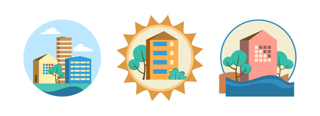 Set of vector illustrations in geometric flat style - city landscape with buildings, hills, bushes and trees.