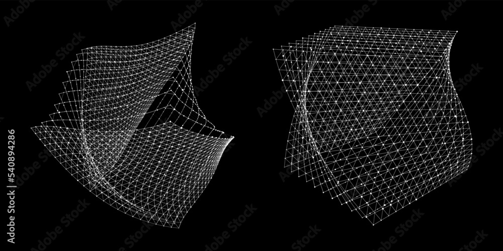 Poster set of futuristic twisted wireframe cubes. technology blockchain concept. collection of digital geom