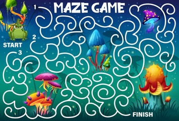 Labyrinth maze game. Help the toad frog find the magic mushroom. Kids educational riddle or child maze puzzle vector worksheet. Preschool children labyrinth quiz with fantasy, glowing mushrooms