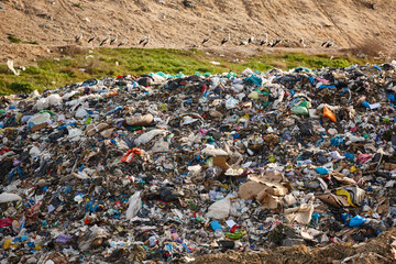 Open air garbage dump. Plastic waste pollution. Recycling junk. Ecology