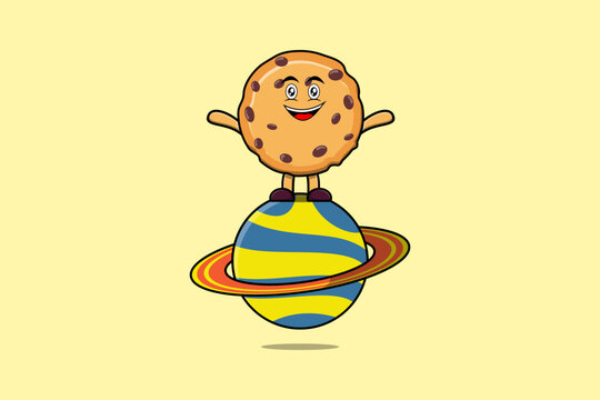 Cute cartoon Biscuits character standing in planet vector icon illustration