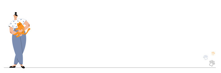 Cat owner. Border with a young beautiful woman holds her well chubby domestic cat in her arms.