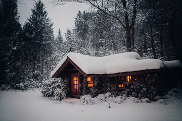 cozy rustic winter cabin in snowy forest 3d illustration