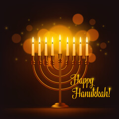 Happy Hanukkah vector greeting card with realistic menorah jewish lamp with flaming candles, sparks, bokeh effect. Judaism religion Festival of Lights golden candlestick. Hanukkah holiday candelabrum - obrazy, fototapety, plakaty