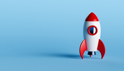 Small red and white toy rocket standing on blue background.3d rendering of spaceship ready to take off