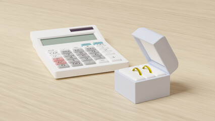 平面上に置かれた２つの結婚指輪を収めたケースと白い電卓の3Dレンダリングイラスト