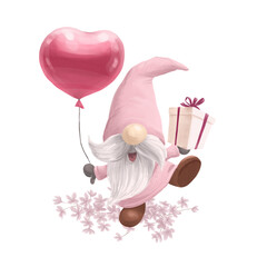 Beautiful hand drawn gnome with balloon and gift box  isolated. Artistic watercolor illustration for bday cards, valentine banners, love prints etc.