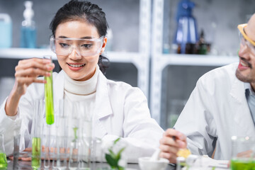 medicine chemical research with organic nature herbal plant in science laboratory, cosmetic extract...