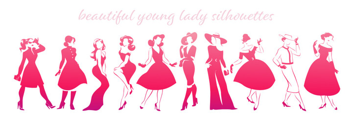 Collection of beautiful young lady silhouettes isolated. Fashion brand, logo design. Vector flat illustration.
