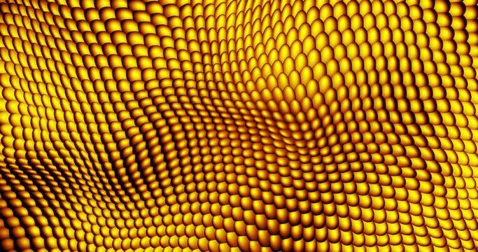 Abstract background with yellow golden waves from iridescent balls of circles of spheres shining. Screensaver beautiful video animation in high resolution 4k