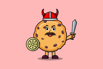 Cute cartoon character Biscuits viking pirate with hat and holding sword and shield illustration