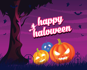 Purple halloween night wallpaper with graveyard, multicolor pumpkin and scary bat