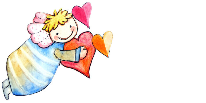 Banner angioletto con cuori, acquerello isolato su sfondo bianco