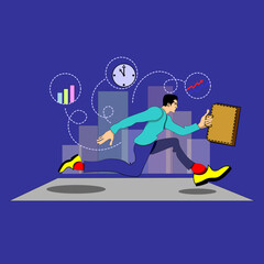 Businessman trying to finish work on time. Stress and deadline at work. Male employee is in hurry to deal with deadlines. Man in business suit rushing and running with suitcase to finish task