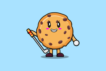 Cute cartoon Biscuits character playing golf in concept flat cartoon style illustration