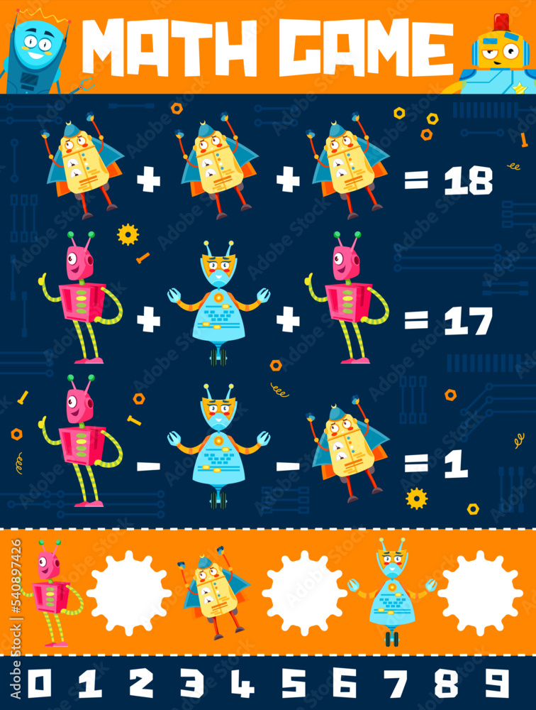 Aufkleber cartoon robots and droids math game worksheet. educational vector maze, puzzle for numeracy and math