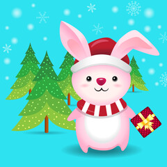 Celebrate merry Christmas and happy new year. little rabbit with gift box.
