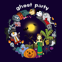 Halloween party with Freak Monster Ghost Vampire cartoon.