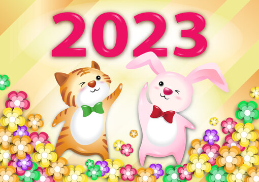 Happy new year 2023. Say goodbye tiger. Year of the zodiac rabbit. Cartoon.