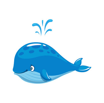Cartoon cheerful blue whale character with water fountain. Cute sea and ocean animal vector personage of funny humpback or baleen whale spouting water with happy smile. Isolated underwater mammal