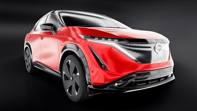Tokyo. Japan. September 25, 2022. Nissan Ariya 2020. Red electric SUV of the new generation on a black background. 3d rendering.